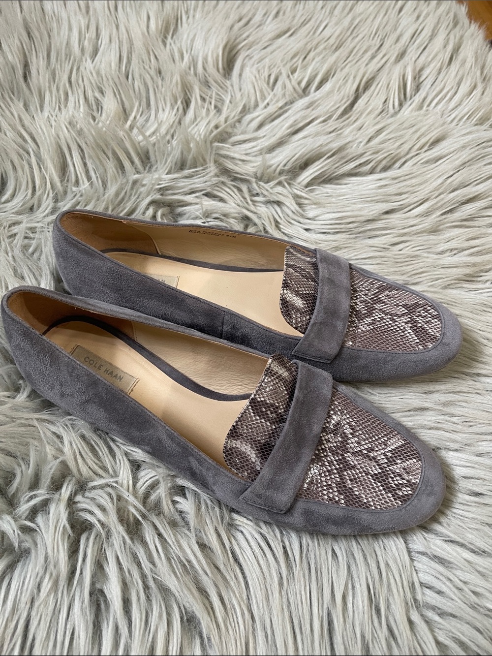 Cole Haan Gray Suede Loafers with Snake-Print Vamp - Picture 2 of 5